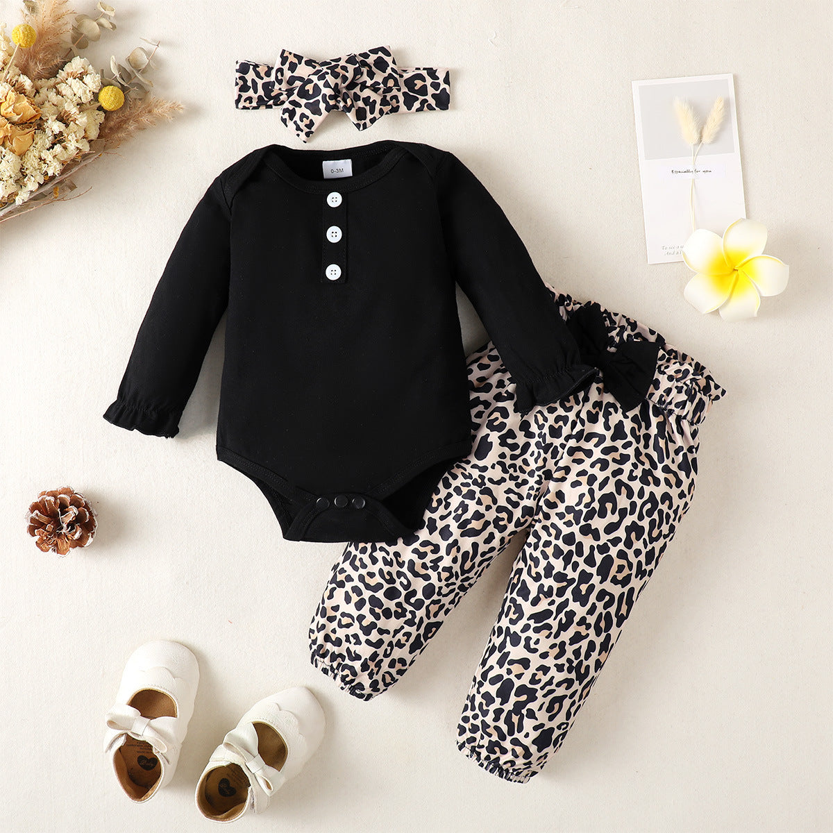 Infant Cotton Long-sleeved Tight Romper Plus Leopard Patterned Pants