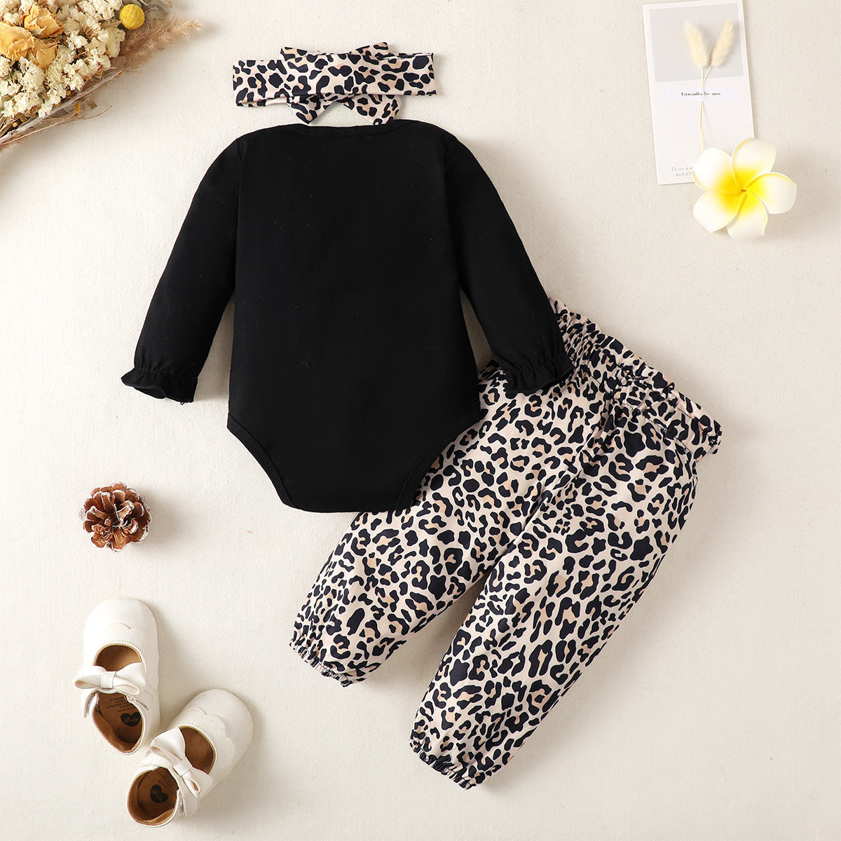 Infant Cotton Long-sleeved Tight Romper Plus Leopard Patterned Pants