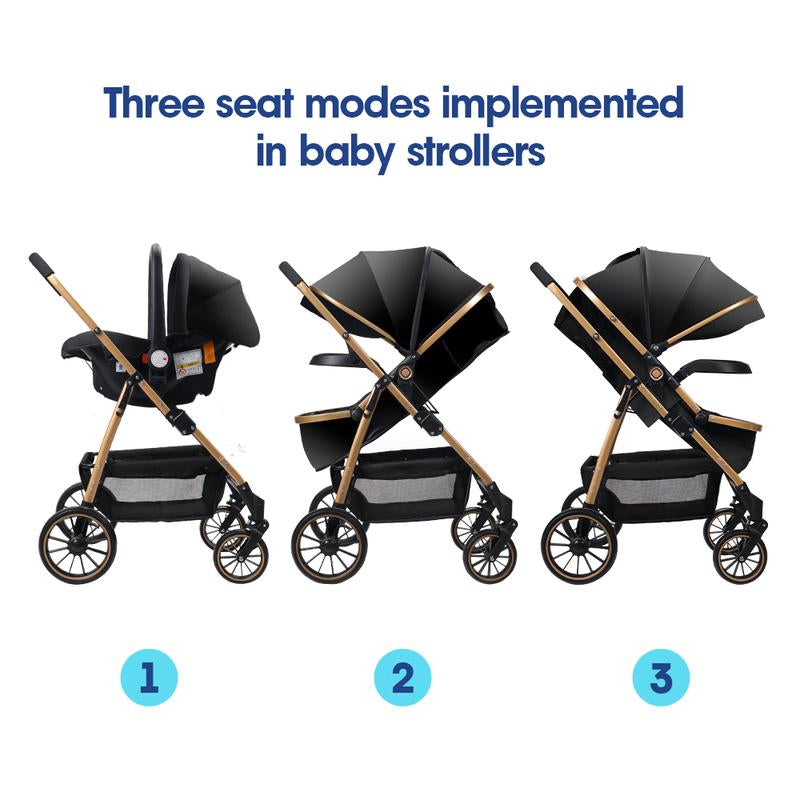 3 in 1 Adjustable Stroller High Landscape Large Wheel Baby Stroller with Baby Car Seat for Free (No Car Base)