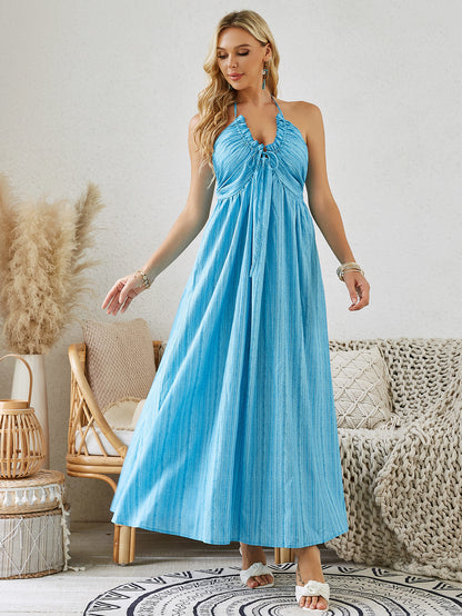 Bohemian Halter Maxi Dress - Women's Summer Sleeveless Flowy Beach Dress