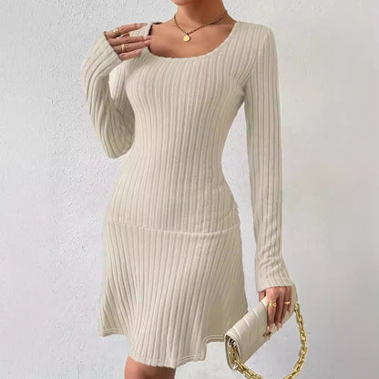 Fashion Solid Color Waist Tight Long Sleeve Dress