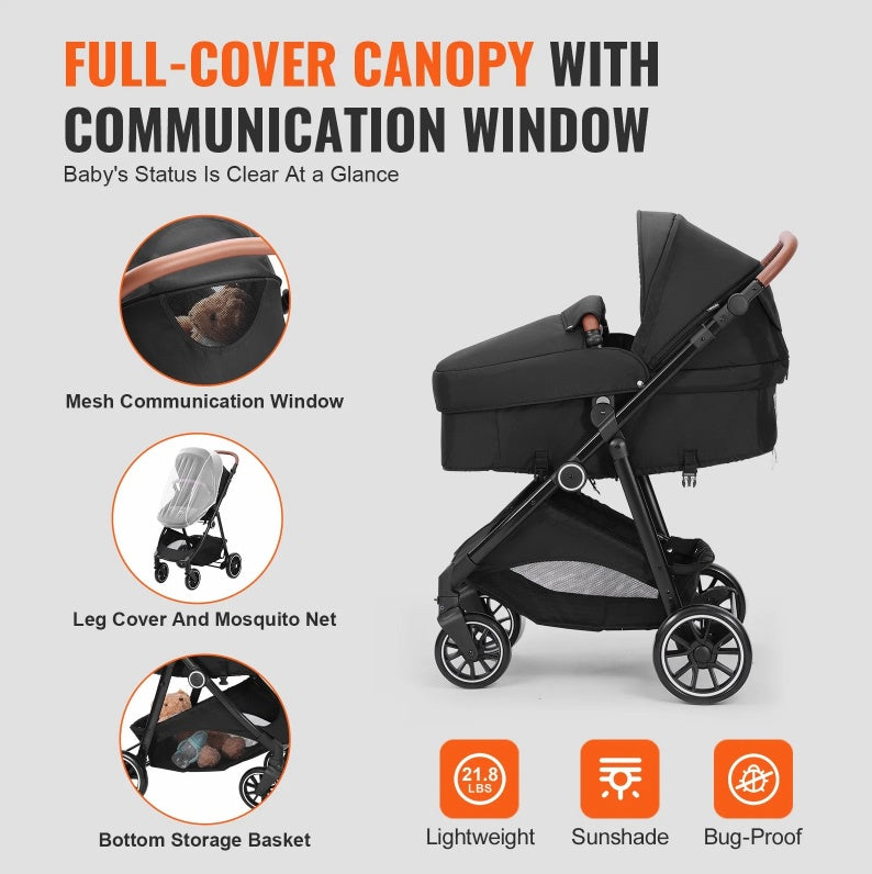 Little Voyager 3-in-1 Stroller: Convertible Bassinet & Reversible Seat, Adjustable Backrest, with Cozy Leg Cover & Mesh Net