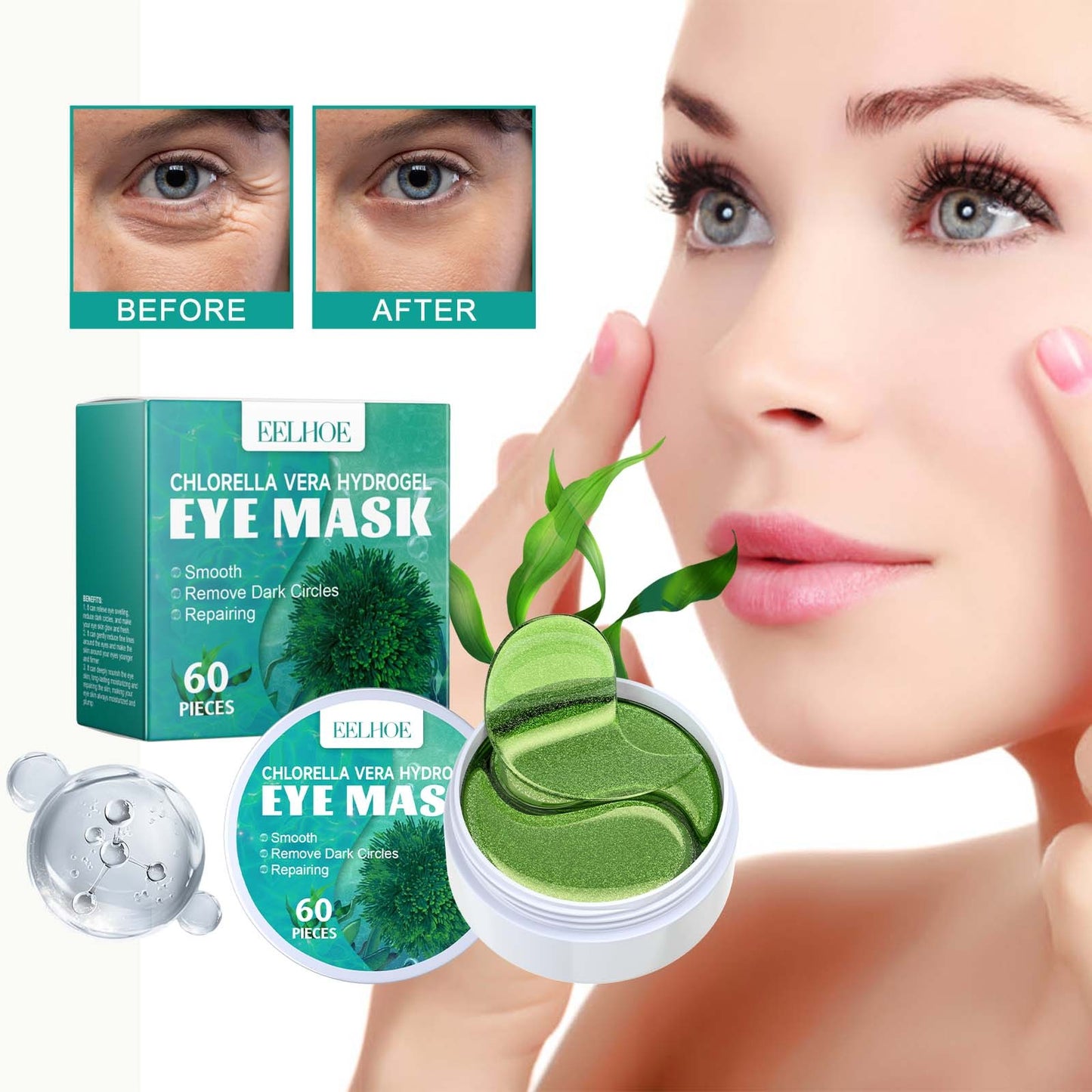 EELHOE Chlorella Vera Hydrogel Eye Mask, Moisturizing Desalination Eye Grain Compact Fine Grain Soft Skin Hydrating Eye Mask